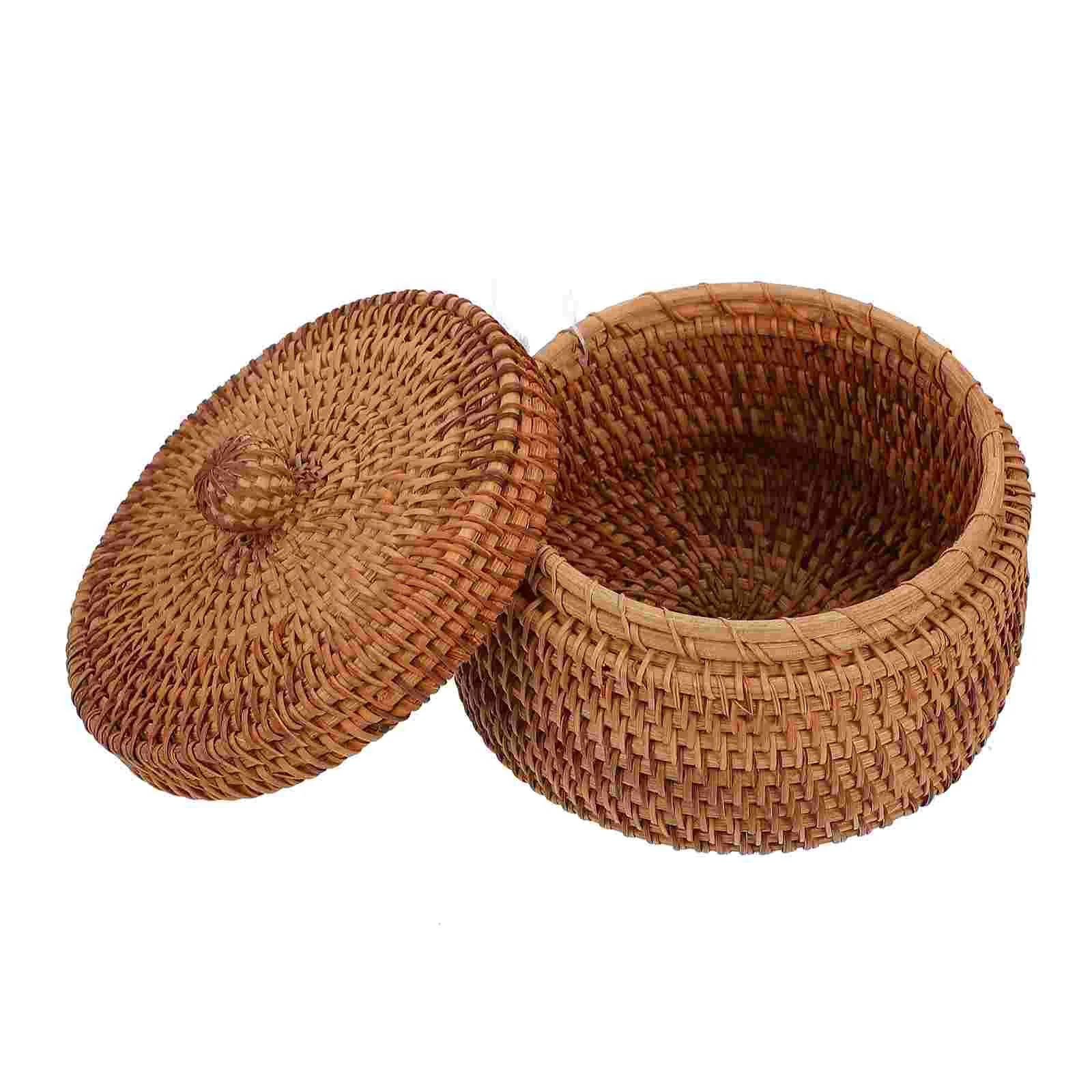 

Trash Can with Lid Rattan Storage Box Desktop Decor Bead Basket Organizer Sundries Brown Picnic