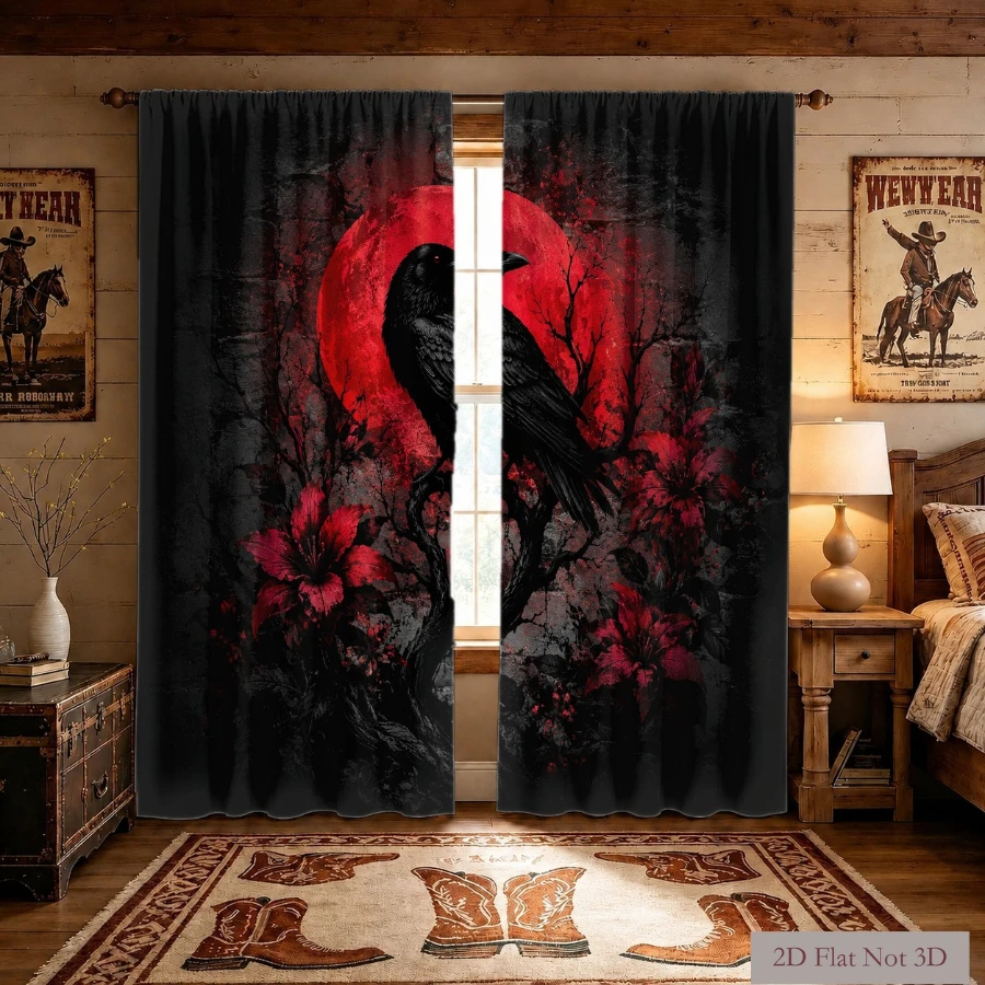 2PCS Digital Printed Curtains, Black Crows Red Blood Moon Branches, Gothic Horror Halloween Window Decor for Gothic Home