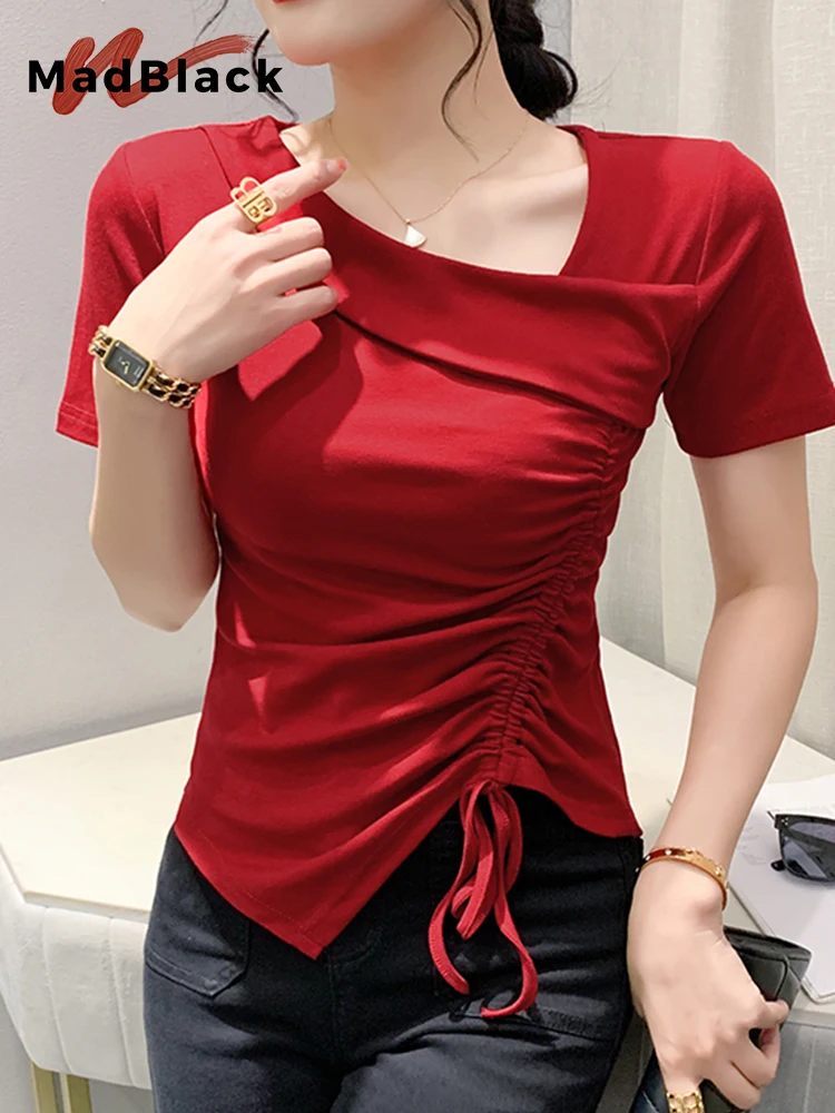 

MadBlack European Clothes Fashion Asymmetrical Drawstring T-Shirt Women 2023 New Summer Half Sleeves Tops Bottoming Shir T33514X