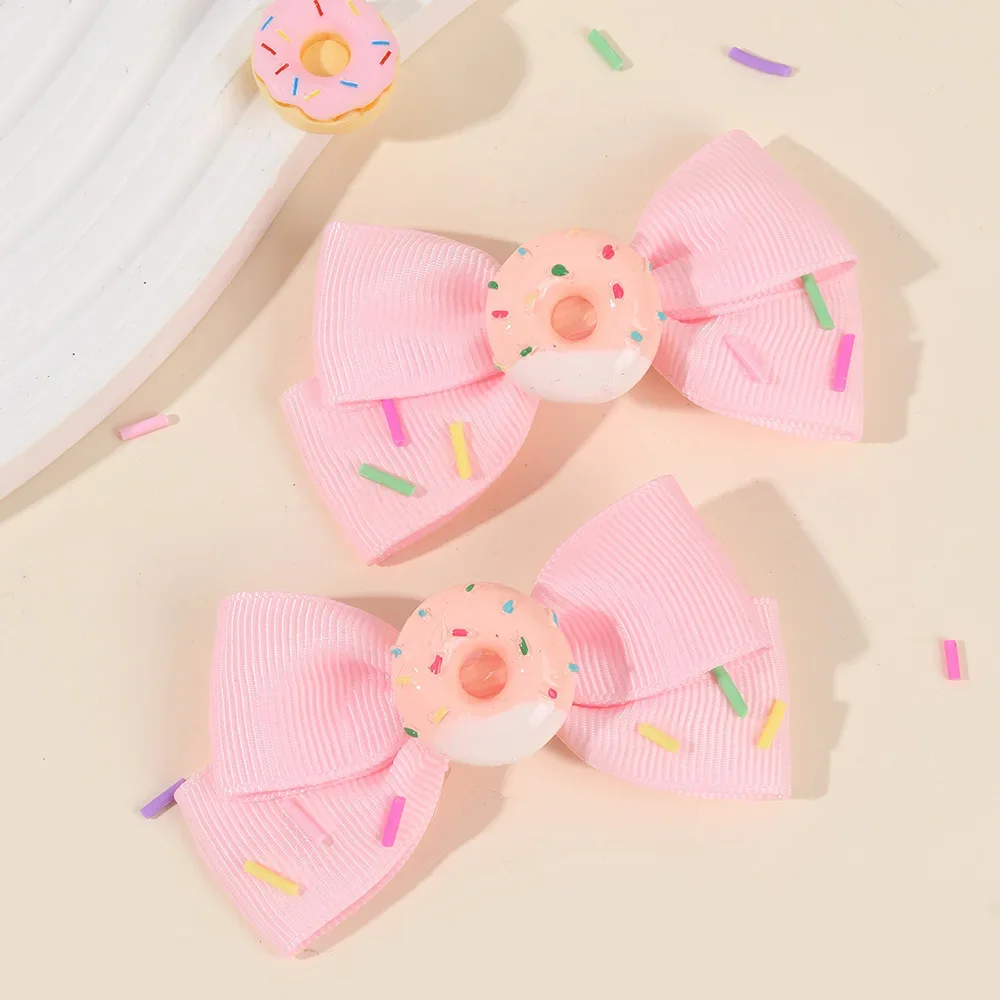 ncmama 2PCS Donut Hair Bow Clips Solid Ribbon Bow Hairpins for Kids Girls Handmade Candy Barrette Child Headwear Hair Accessorie