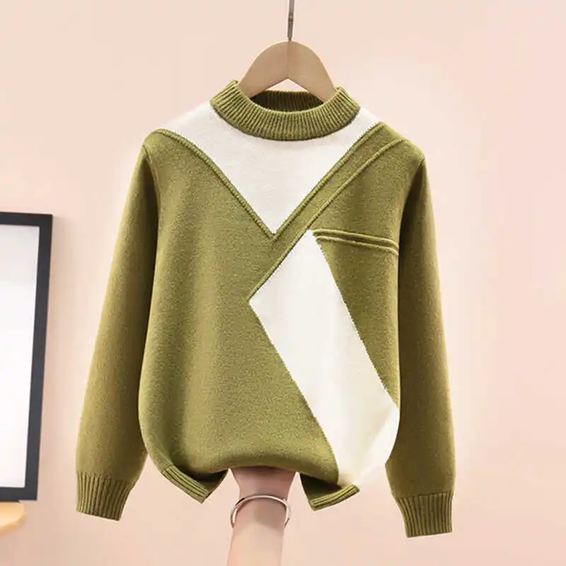 

Children Knitted Outerwear Tops for Teen Boys Fashion Color Splicing Boy Clothes Kids Sweater Autumn Winter O-Neck