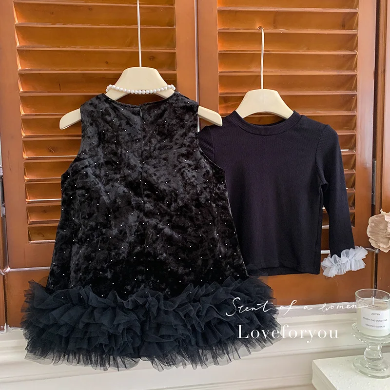 فستان مخملي للفتيات لخريف 2025، الطبعة الكورية الجديدة، تنورة بدون أكمام للفتيات، طقم مكون من قطعتين