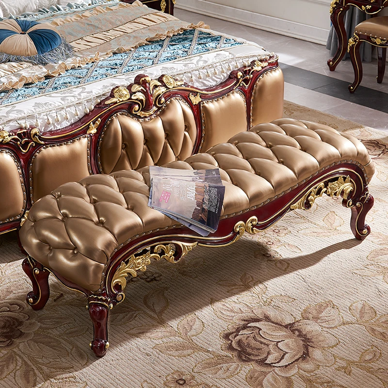 European style bedside stool bedroom luxury leather bed bed front change shoes chair full solid wood carved small sofa tail stoo