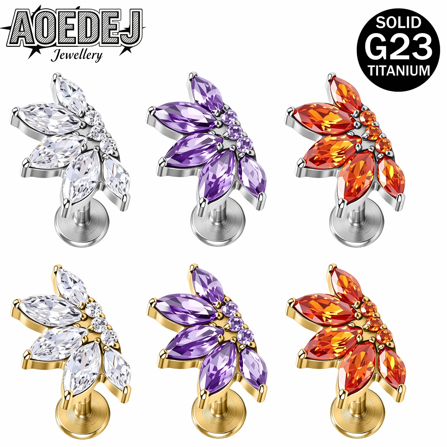 AOEDEJ 16G 1 Stück/1 Paar ASTM F136 Titan Lippenpiercings für Frauen und Mädchen, Zirkon-Ohrstecker 6/8MM Labret Ohrloch Helix Piercing Schmuck