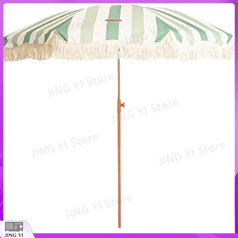Portable Green and White Striped Fringed Beach Umbrella for Outdoor Sun Protection Garden Terrace Courtyard Leisure UV