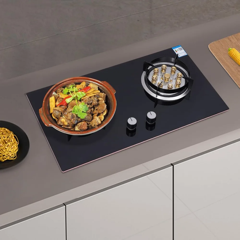 Kompor Gas, Kompor Tanam dengan 2 Tungku Kompor Stainless Steel, Kompor dengan Pengapian Otomatis dan Panel Kaca Tempered 7mm（L28