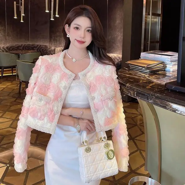 Korea Flower Coat Fall Winter Fashion Women Pearl Edge Studded Three-Dimensional Floral Yarn Short Jacket