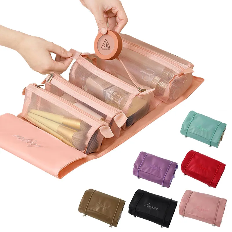 NEW Makeup Bag For Women 4-In-1 Folding Detachable Nylon Mesh Storage Bags Large-Capacity Portable Travel Cosmetic Toilet Bag