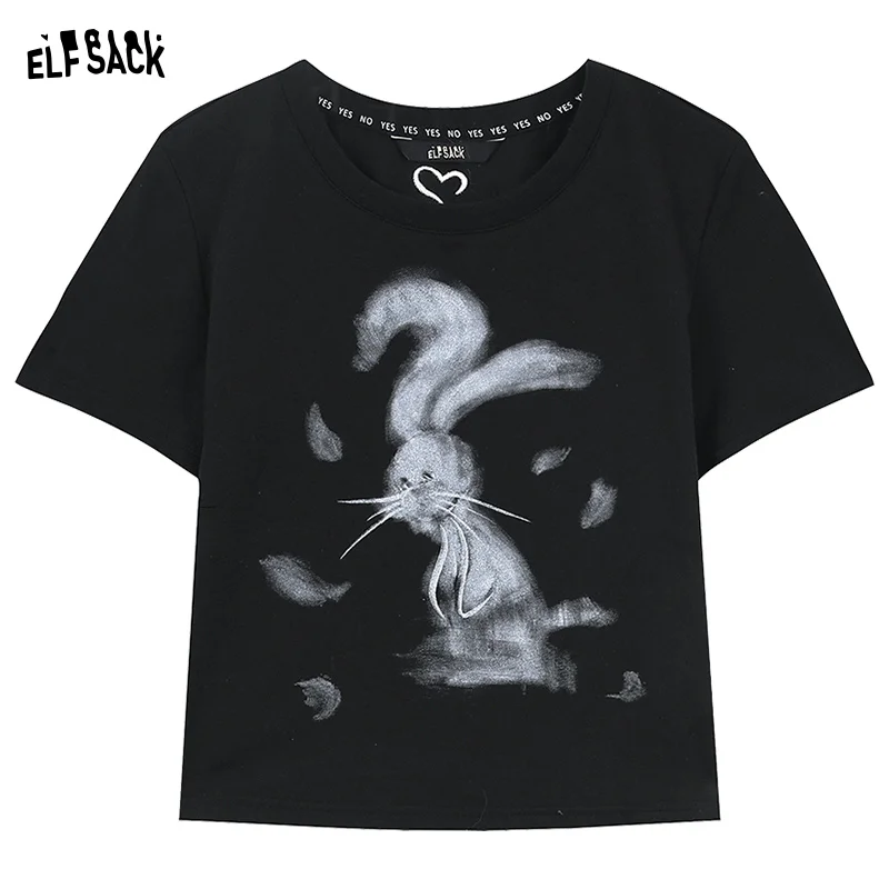 ELFSACK Rabbit print white slim fit t-shirt for women in spring 2024, new small stature full shoulder BM top