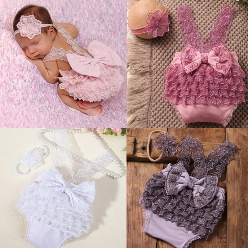 

Lace Bow Baby Girls Photography Romper Outfits Baby Lace Dress with Hairband For Newborns Photo Clothes Props