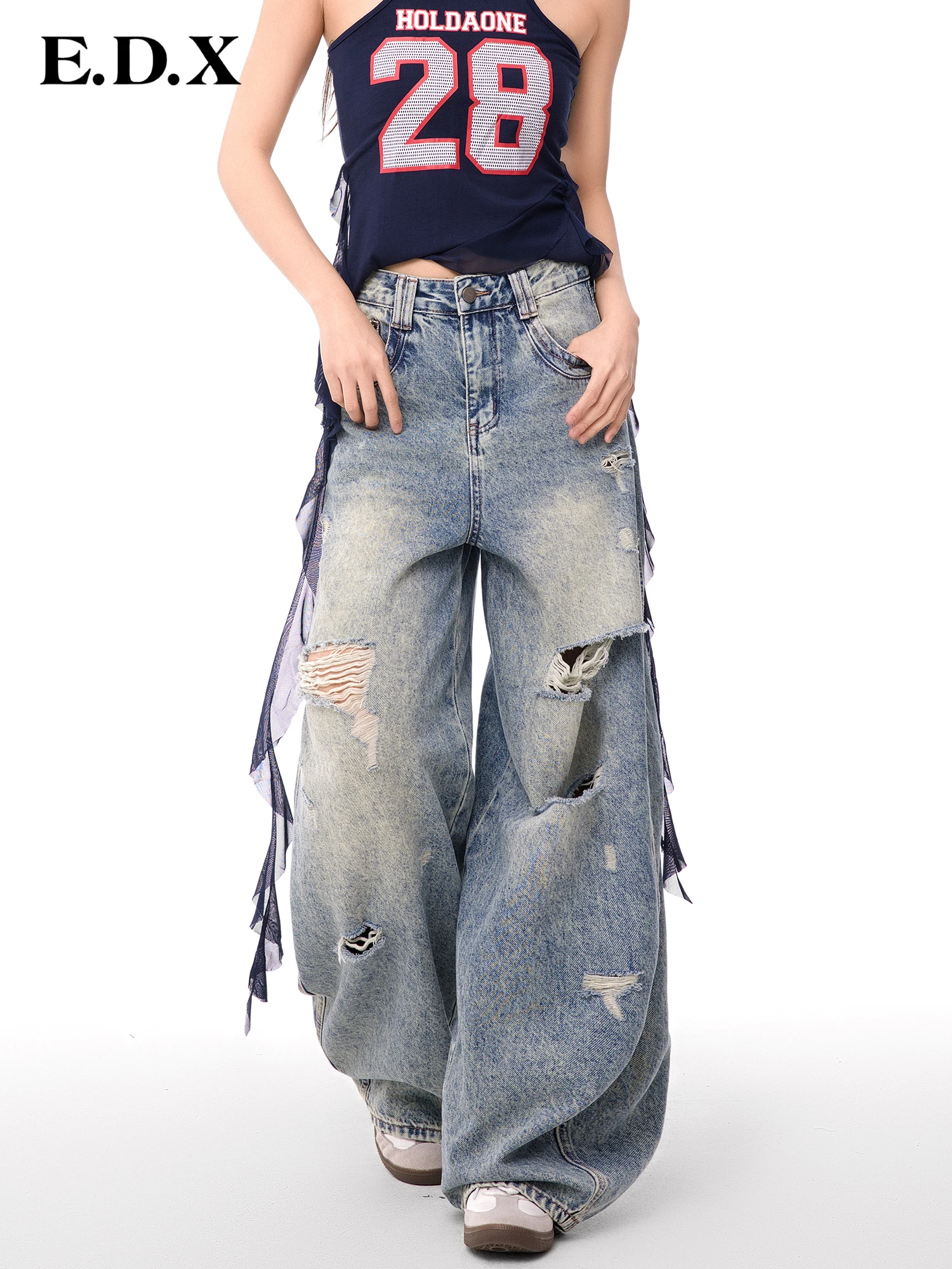 

American Retro Hole Denim Jeans Women's Loose Washed Feeling Floor-Length Pants Spring Summer Design Casual Wide Leg Jeans