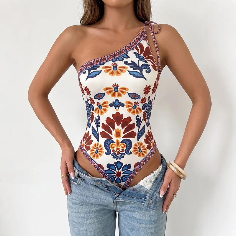 Sexy Y2K Women Bodysuit Hot Girl One Shoulder Self‑Tie Strap Slim Bodycon Hip Hugging Sleeveless Party Clubwear Streetwear