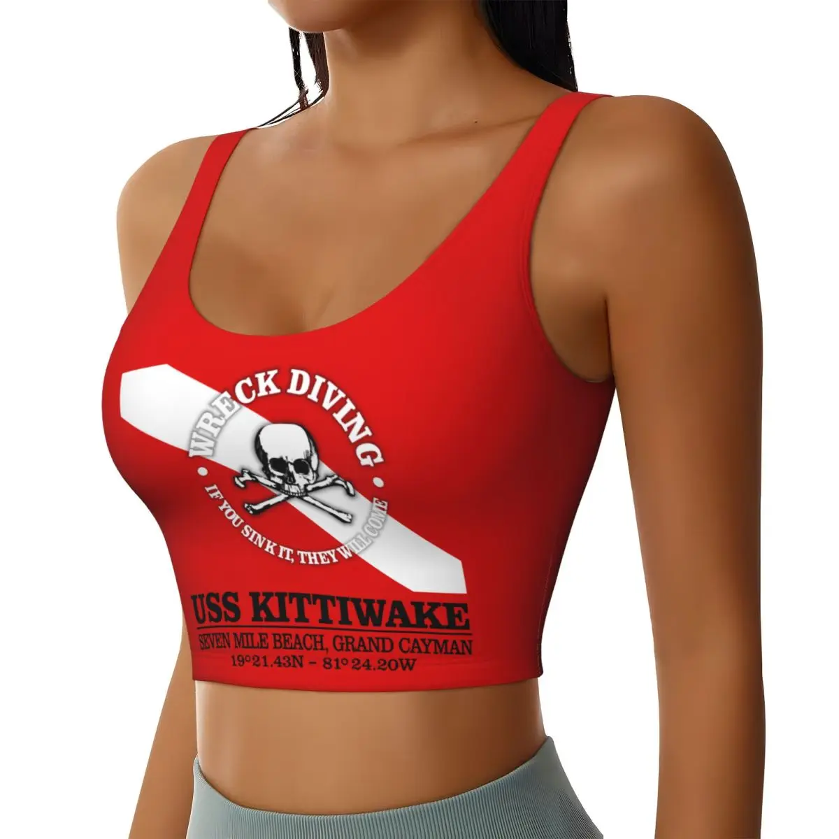 Custom Women's USS Kittiwake Scuba Diving Sports Bra Diver Dive Flag High Impact Gym Workout Running Crop Tank Tops