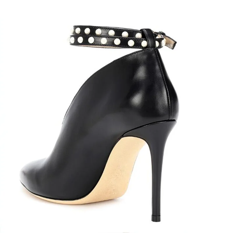 

Studded Double Strap Pointed Toe High Heel Pumps Black Matte Leather Deep V Style Thin Heels Women Party Dress Shoes size 46