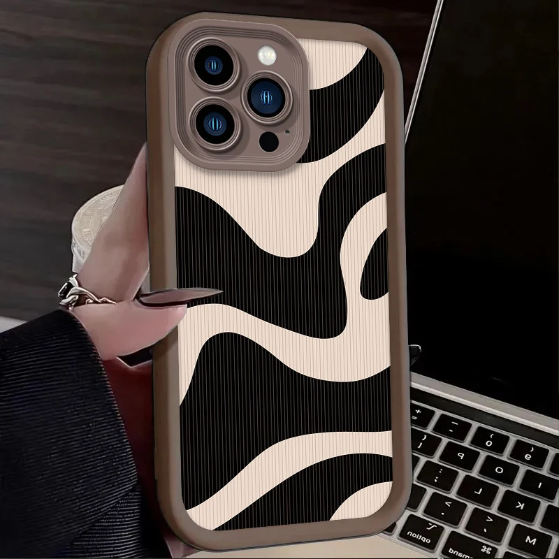 Aesthetic Wavy Swirl Color Block Striped Print Phone Case For Samsung Series Beige Matte Shockproof Protective Cover