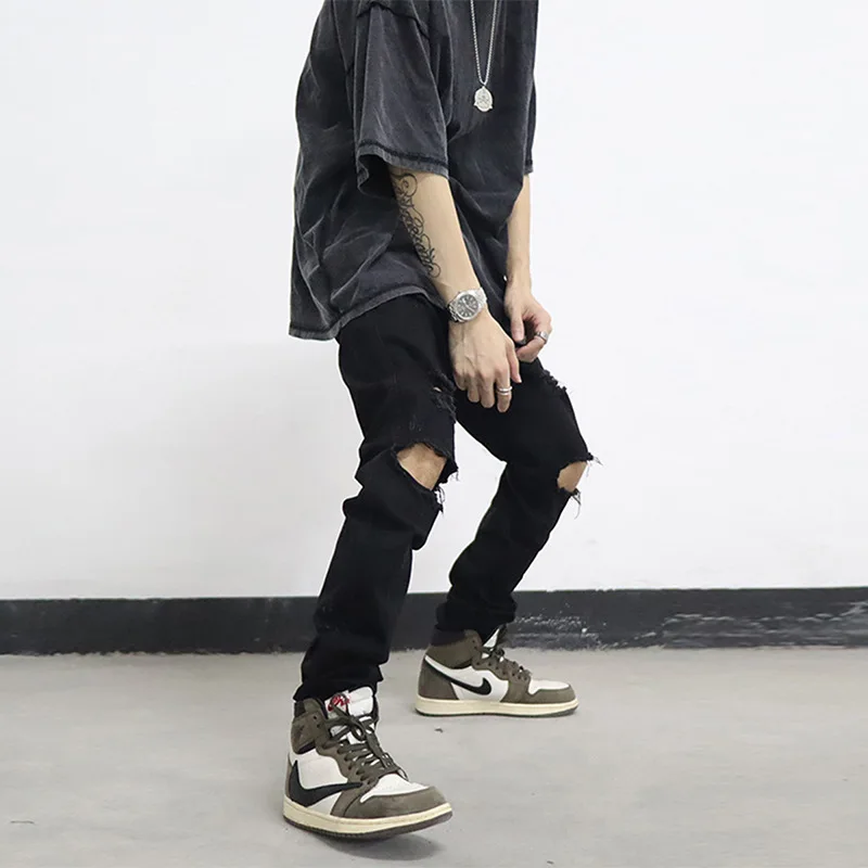 High Street Washing Slim Fit Tight Elastic Black Hole Fashion Streetwear Men's Summer Women Ripped Jeans Denim Pants