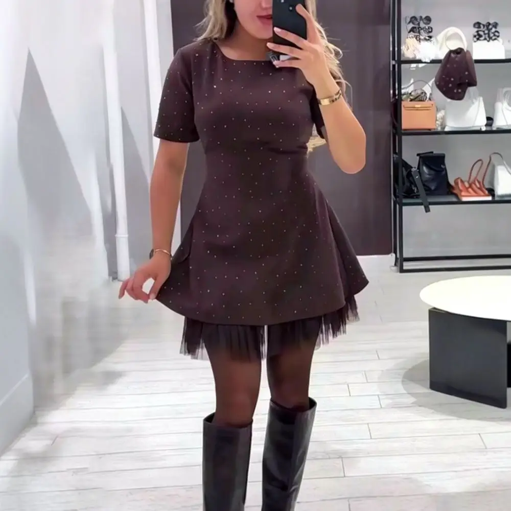 Womens Summer Elegant Dress Sleeveless Square Collar Mesh Pleated Rhinestone Solid Color Slim Bodycon Casual Commuter Midi Gowns
