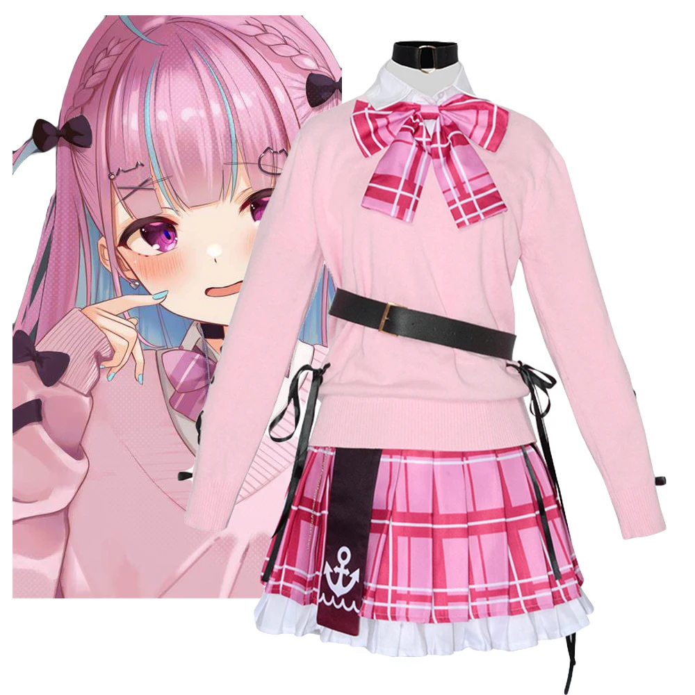 

VTuber Hololive YouTuber Minato Aqua Debu Cosplay Costume Anime Pink Sweater Shirt Skirt JK Uniform Halloween Carnival Suit