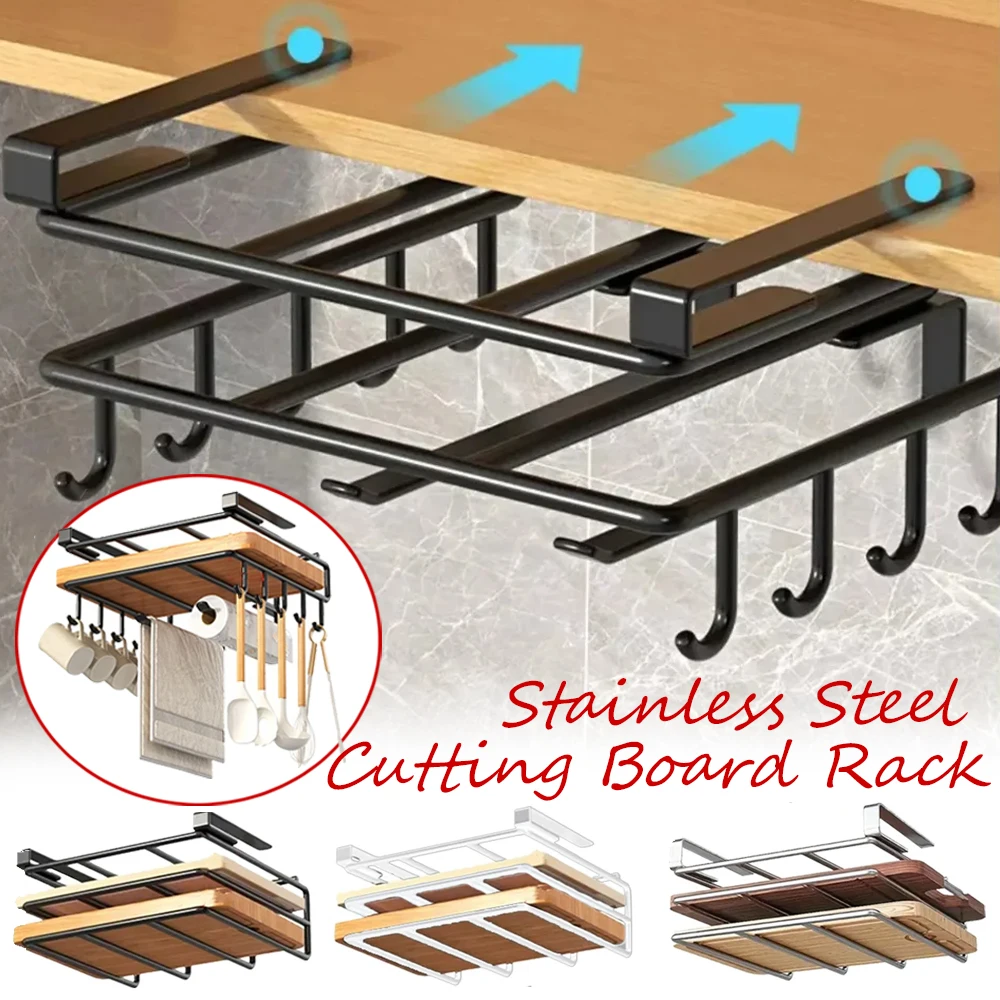 

1PC Stainless Steel Kitchen Hanging Organizer Rack with Hooks Paper Towel Rag Hanging Rack Cutting Board Pot Cover Storage Shelf