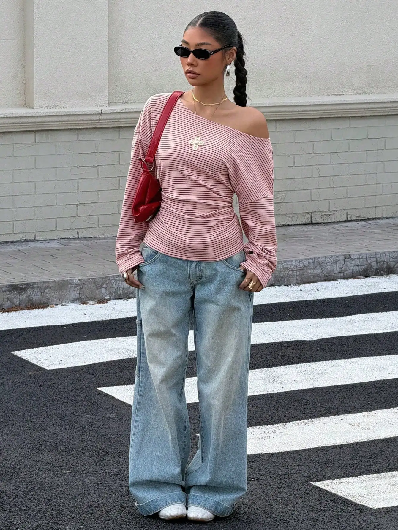 

Pink Striped Asymmetrical Shoulder Slim Fit T-Shirt