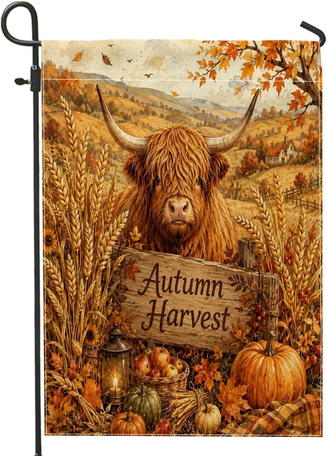 Highland Cow Garden Flag, Fall Rustic Pumpkin Wheat Fall Orange Double Sided Burlap Yard Decorative Flags for Outdoor Patio  aaz