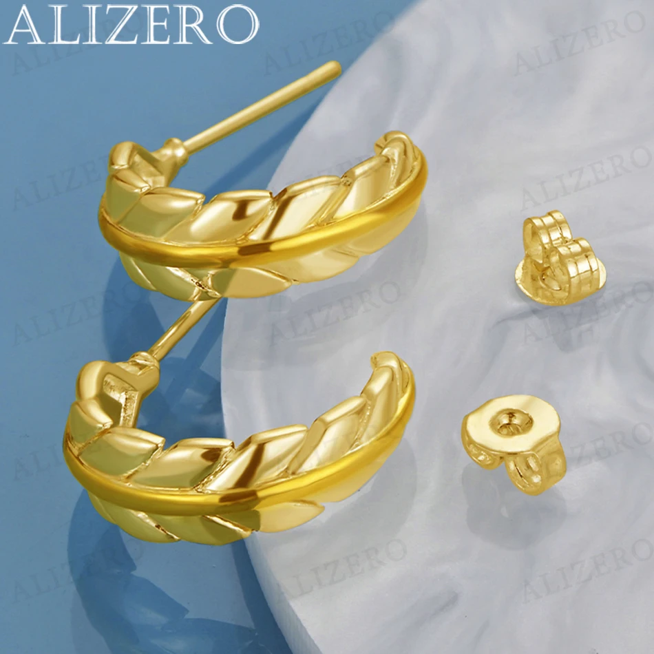ALIZERO 18K Gold Feather Stud Earrings For Women Wedding Engagement Party Charms Fashion Jewelry Accessories