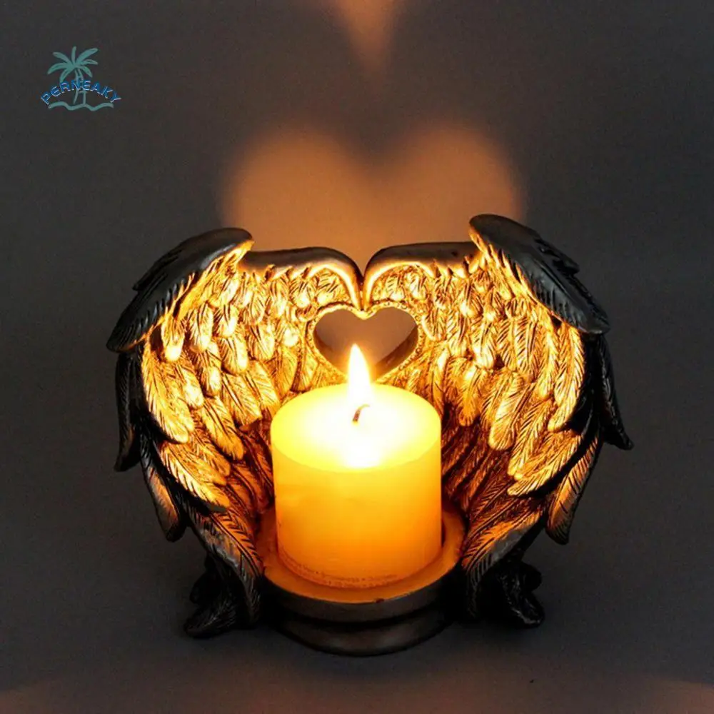 

Handmade Wing Candlestick Ornament Decorative Unique Heart Shape Hollow Candlestick Delicate Resin Angel Wing Figurine Bedroom