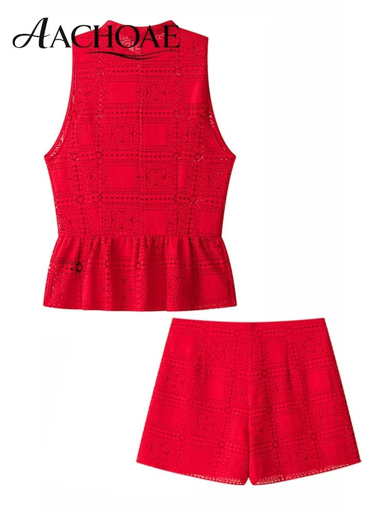 AACHOAE Women Red Lace Two Piece Shorts Set Sleeveless  Peplum Top and High Waist Shorts Matching Outfit Vacation Resort Wear