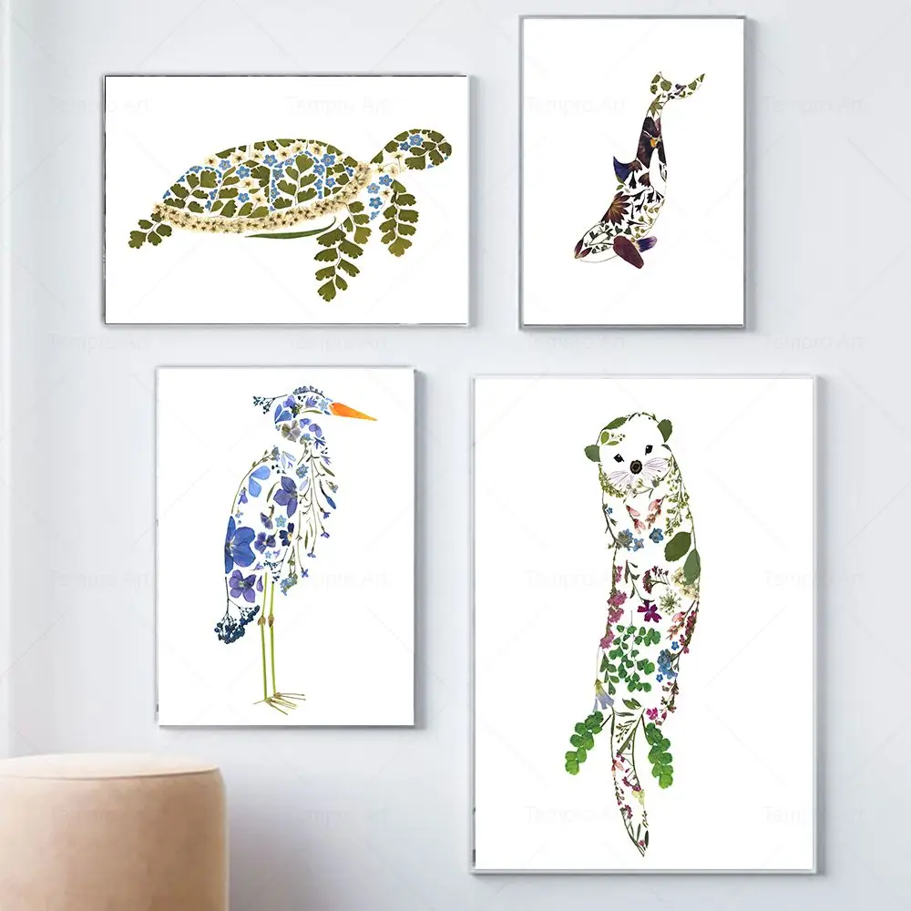 Pressed Flower Heron Pelican Sea Turtle Dog Hedgehog Horse Frog Print Animal Floral Poster Canvas Painting Kids Baby Room Decor