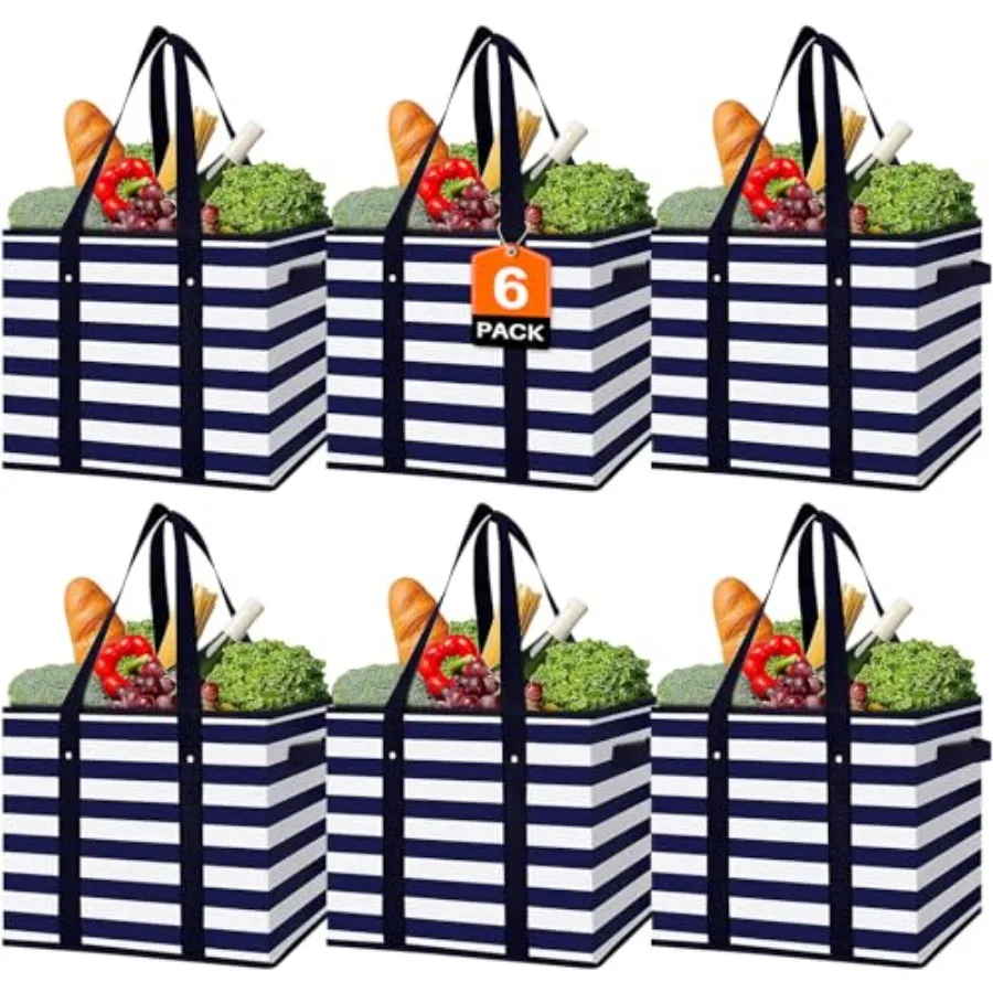 

6 Pack Reusable Grocery Bags Large Water Resistant Grocery Collapsible Heavy Duty Tote Bags for Shopping Picnic