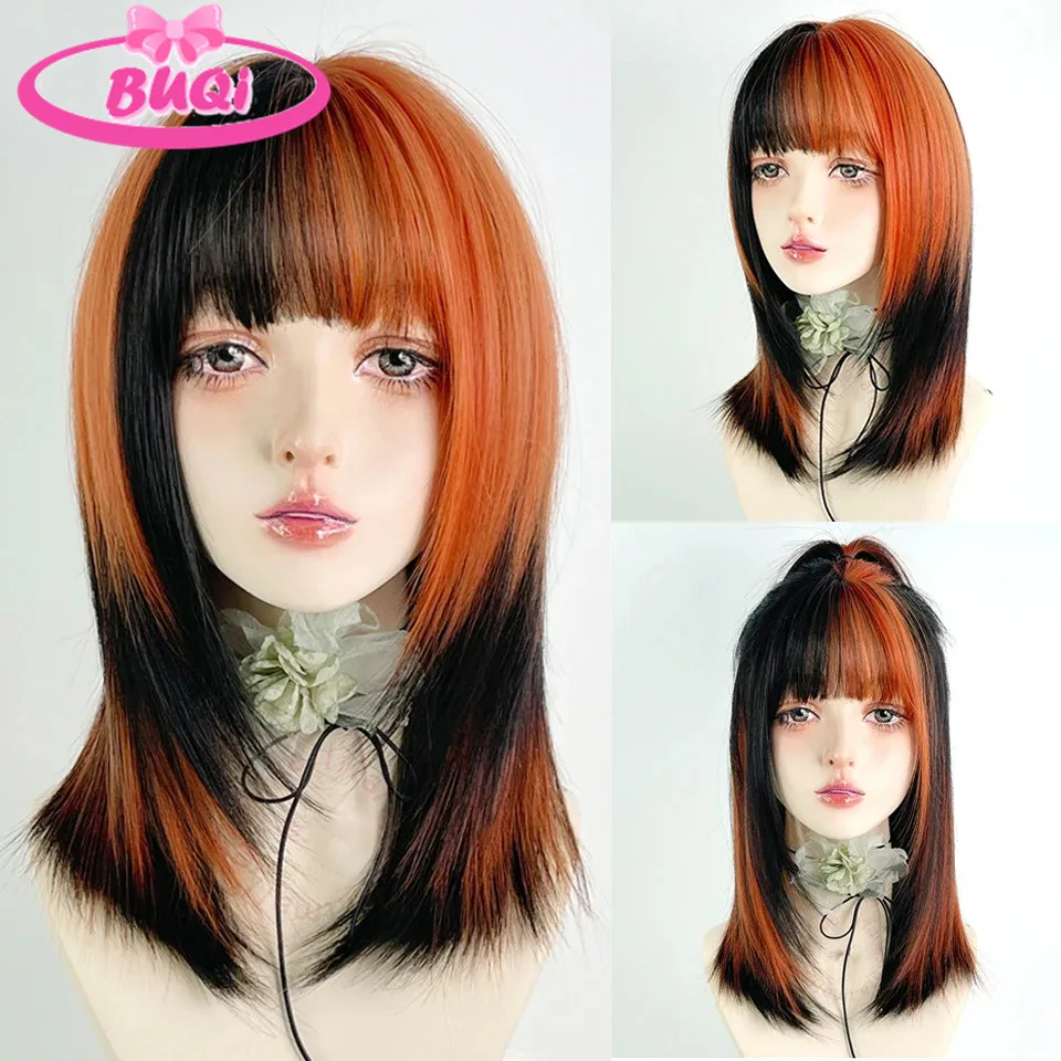 BUQI Curly Synthetic Wigs for Women Long Natural Straight Black Orange Wigs with Flat Bangs Colorful Party Heat Resistant Wig