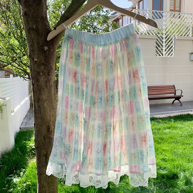 Japanese 2025 Summer New Women's Above Knee Skirt Original Design Colorful Sweet Age-reducing Plaid Floral Pleated Skirts Ladies