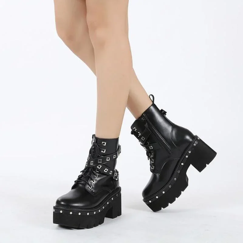 Punk Platform Women Ankle Boots Women's Motorcycle Boot Fashion Ladies Chunky heels Platform Shoes plus big size