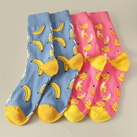 2 Pairs/Pack Women Men Socks Banana Fruit Pattern Cartoon Funny Crew Cotton Socks Couple,Men Women's Stockings & Hosiery