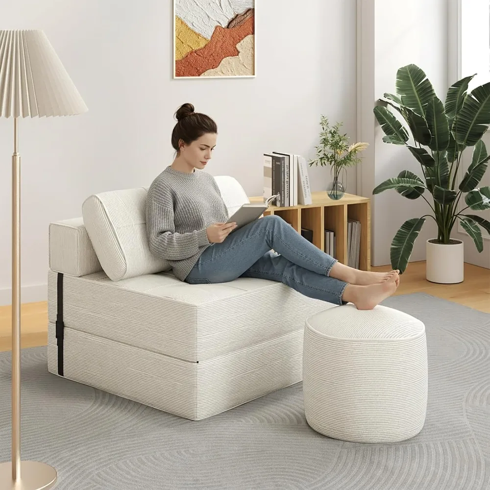 3-in-1 Convertible Floor Sleeper Chair w/28D High-Density Foam, Modern Corduroy Fold Out Couch Bed with Pillow for Small
