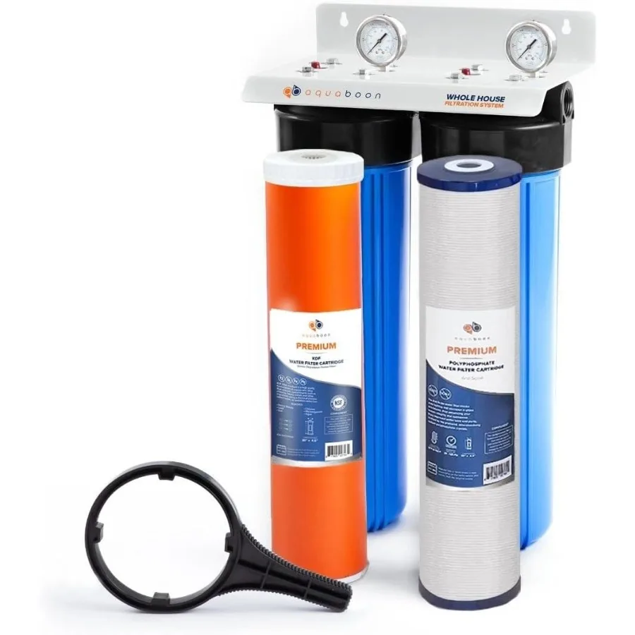 

Whole House 2-Stage Water Filter System with 20x4.5 Anti-Scale KDF Filters Pressure Gauges Release Wrench Iron Bracket for Comp