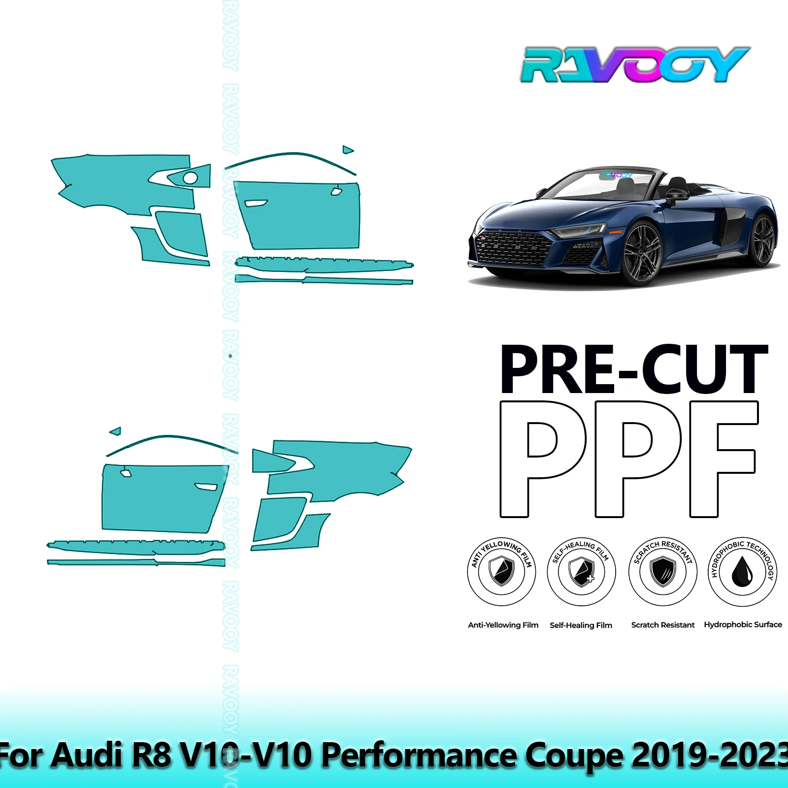 

For Audi R8 V10-V10 Performance Coupe 2019-2023 8.5mil Pre-Cut PPF Door & A/B Pillar Kit TPU Paint Protection Film Set