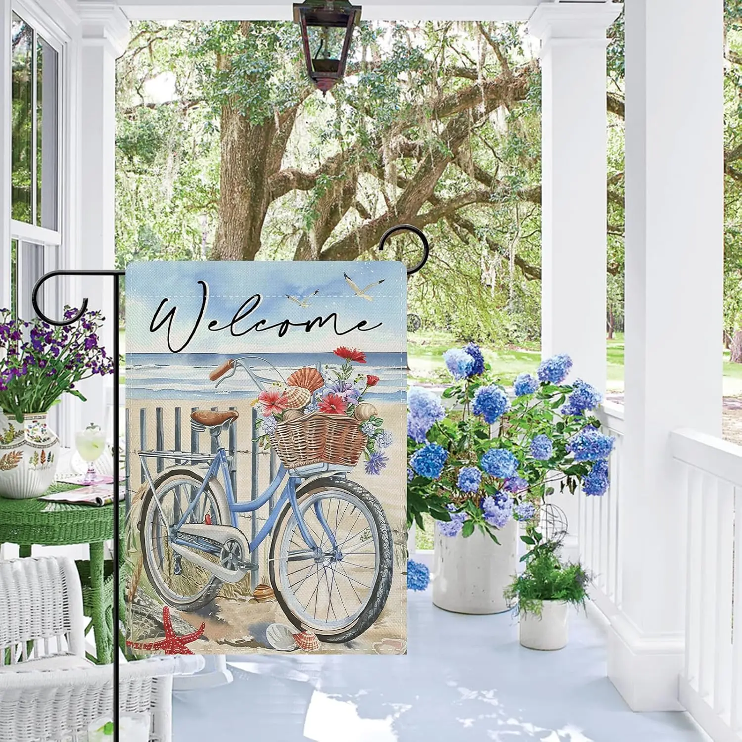 Dyrenson Welcome Summer Beach Bike Decorative Garden Flag, Coastal Bicycle Flowers Conch Yard Outside Home Decoration, Sprin GGX