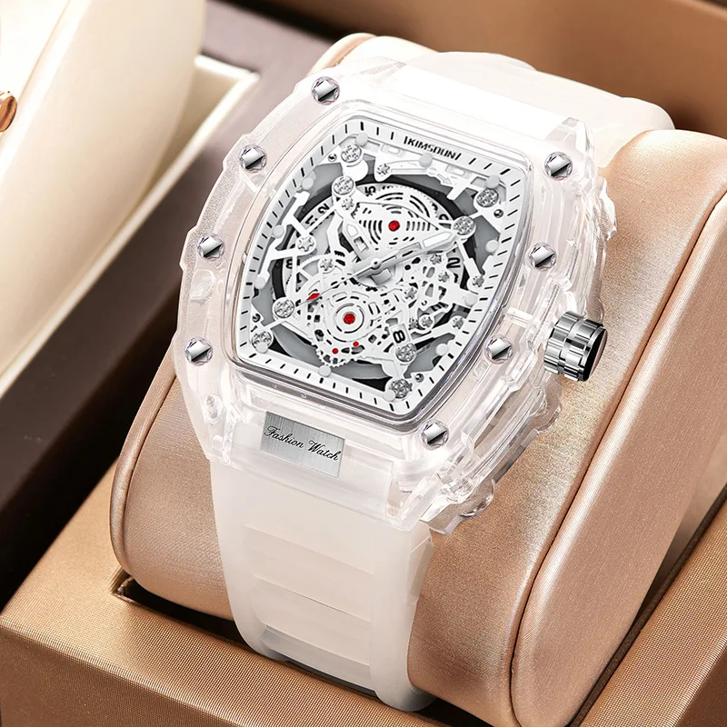Relógios masculinos casuais da moda com função de calendário luminoso, pulseira de silicone, caixa transparente em formato tonneau, relógio de quartzo masculino para presente.