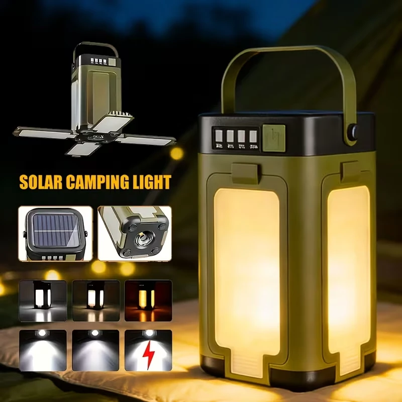 Solar Camping Light, Rechargeable COB LED Tent Lantern with Powerful Spotlight, Portable Outdoor Lamp for Camping Hiking Hunting