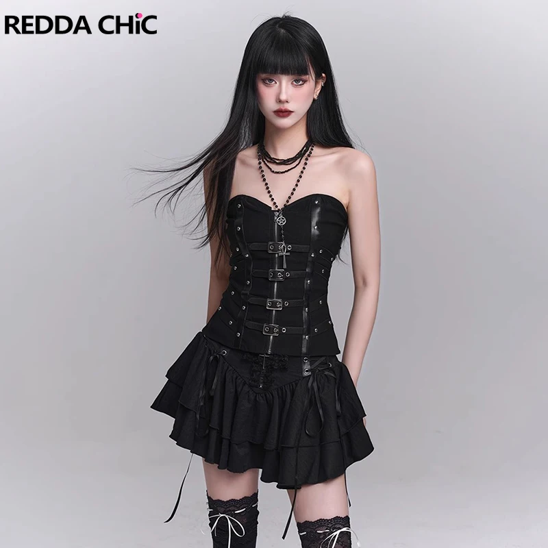 

REDDACHiC Black Leather Harness Corset Skirt Set Studded Belt Zip Up Tube Top Cross Patched Mini Skirt Women Gothic Dark Clothes