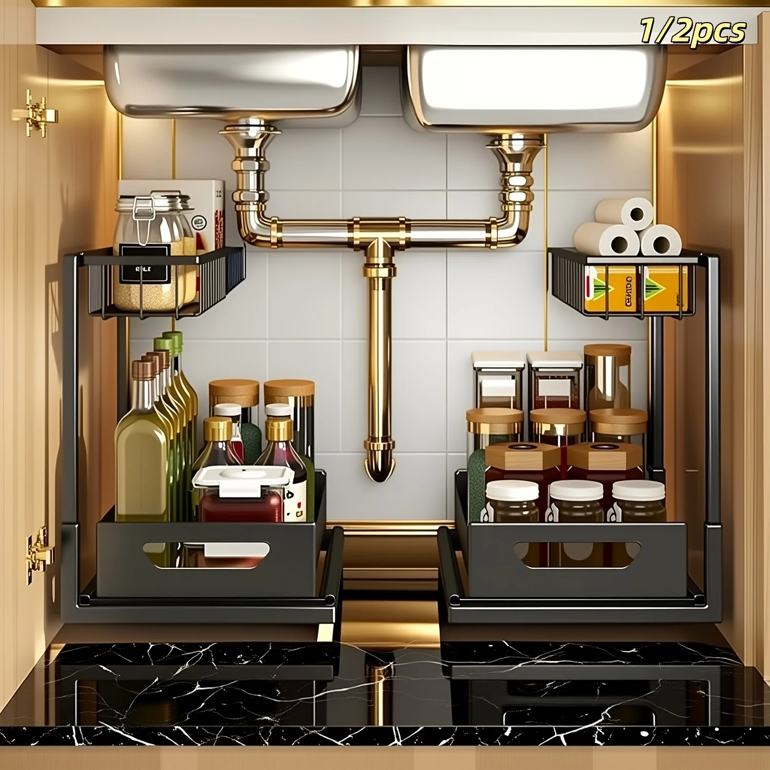 

1/2pcs 2-story kitchen sink storage containers，push-pull cabinet organizer, kitchen and bathroom organizers and storage, study, tabletop, metal sliding drawers, practical and convenient kitchen accessories essentials, kitchen organizers and storage.