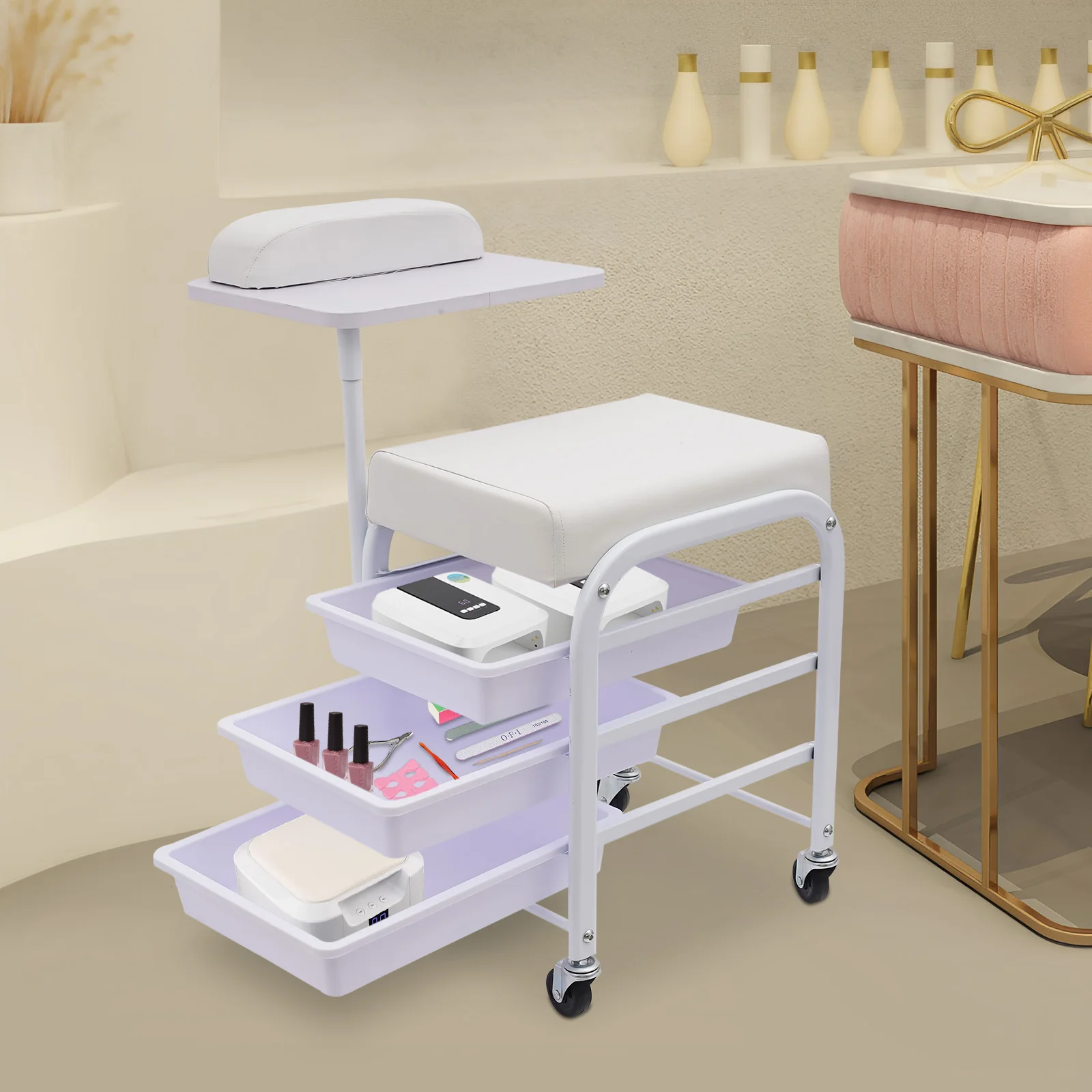 

Spa Portable Cart 3 Drawers, Beauty Salon Nail Cart with Seat Cushion and Armrest Holds 165lbs White for Manicure Pedicure