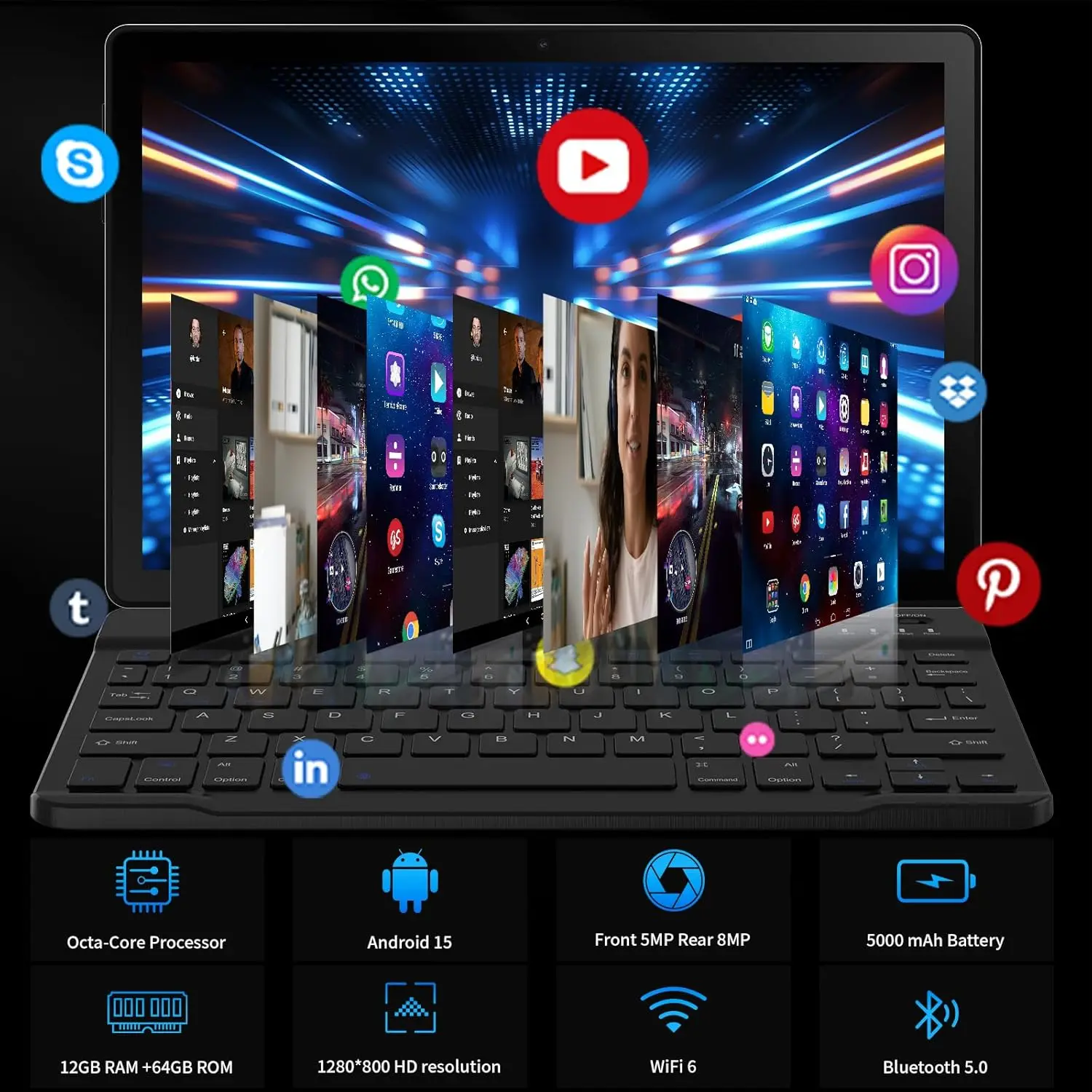 URAO 2025 Android Tablet 10 Inch 12GB+64GB Dual Camera 1TB Expansion 8in1 Tablets Kit with Keyboard Protective Case Mouse Stylus