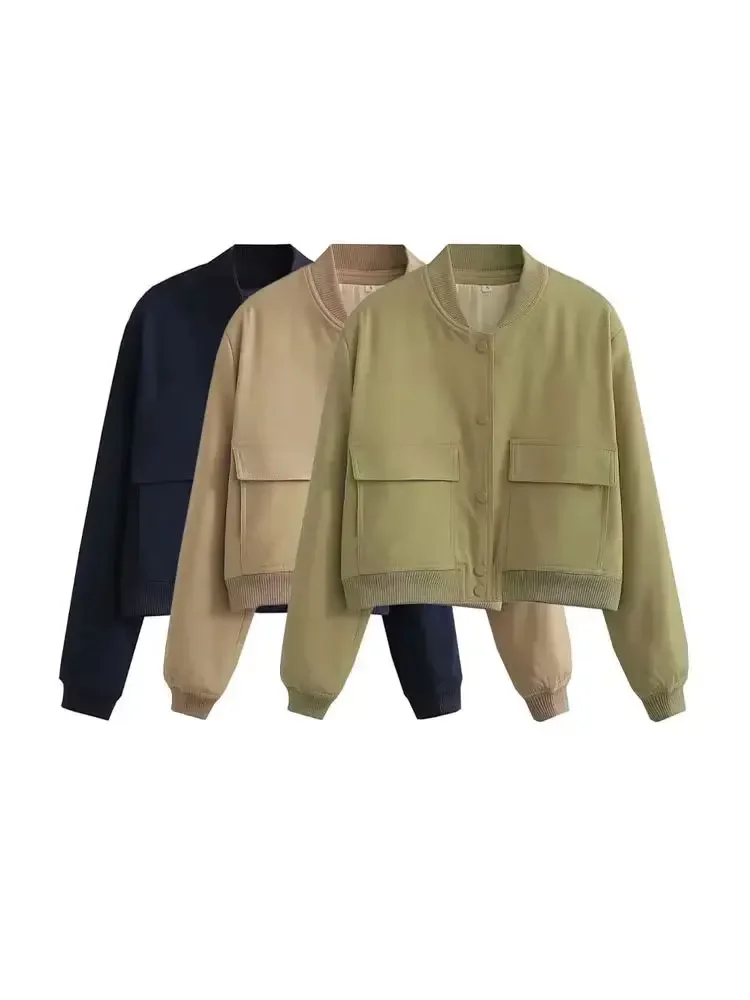 Fmxirex New Women Fashion With Pockets Bomber Jacket Coats Vintage Long Sleeve Front Button Casual Female Outerwear Chic Tops