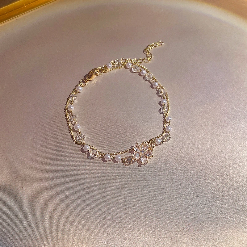 Super Sparkling Delicate Double Layer Imitation Pearl Flower Pendant Bracelet for Women Ins Romantic Hundred Hand Jewelry