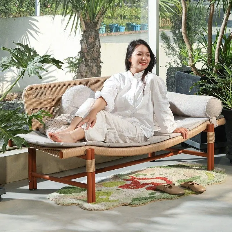 Outdoor rattan table and chair combination balcony recliner retro back chair