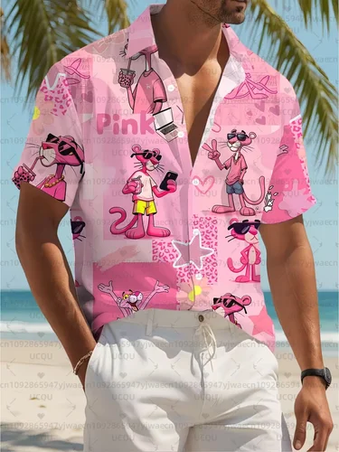 Imagen 2 del producto Blusas hawaianas de manga corta con estampado de Pantera Rosa para hombre y mujer, camisas de playa con solapa, camisa informal con botones, ropa para hombre