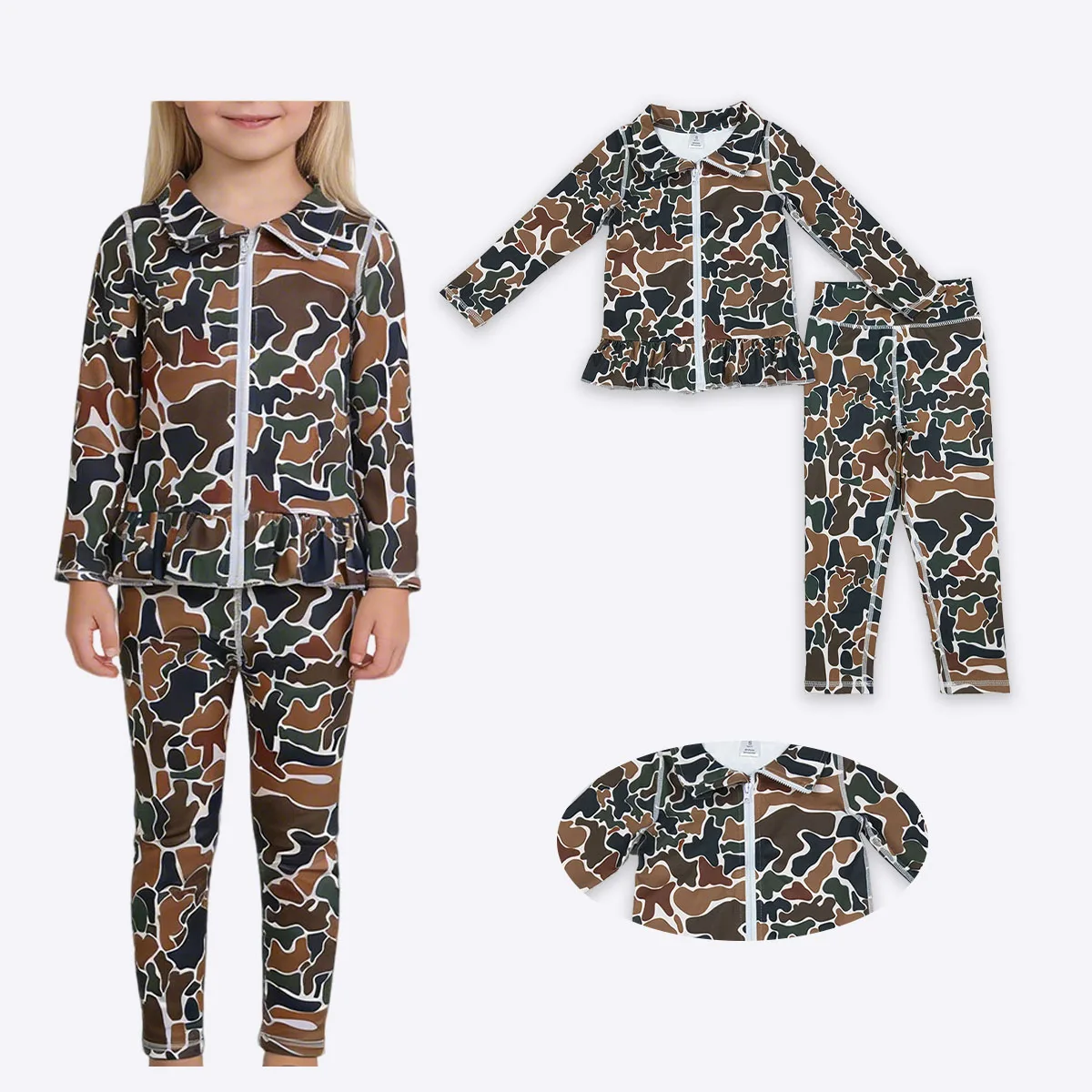 

Fashion Baby Girls Dark Brown Camo Ruffle Zipper Jacket Leggings Yoga Active Clothes Sets Children Toddler Outfits Clothing