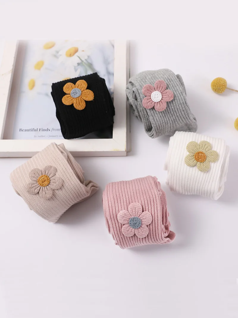 زوج واحد من جوارب طويلة ضيقة مخططة ومزينة بالزهور للأطفال، سراويل ضيقة مضادة للانزلاق للفتيات لارتدائها طوال العام #3